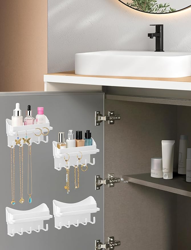 NiHome 4-Pack Multi-Functional Wall Storage Rack with Hooks, No Drill Adhesive Wall Mounted Organizer for Necklace, Jewelry, Headbands, Glasses, Vanity Accessory Shelf & Bathroom Storage Organizer