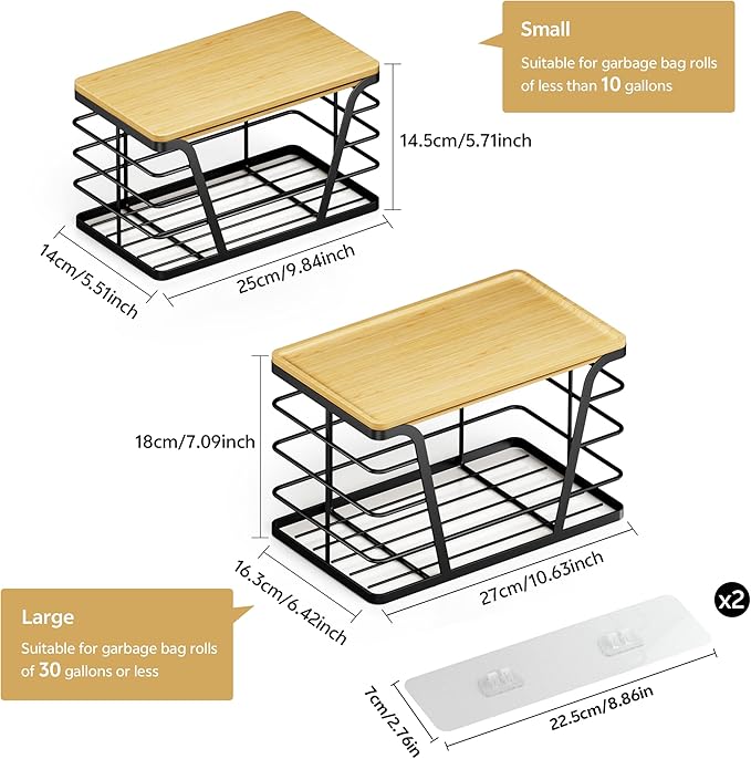 TIDIIABODE 2 Pack Stackable Storage Laundry Kitchen Organizers, Wall Mount Trash Bag Holder with Bamboo Top and Garbage Bag Dispenser No Drill