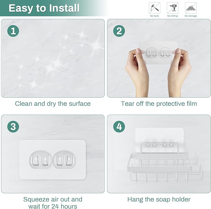 White Soap Dish for Shower Wall, Adhesive Self Draining Shower Bar Soap Holder Container Caddy Saver with 2 Hooks for Razor Loofah, Shampoo Sponge Tray Case Box for Bathroom Kitchen Sink