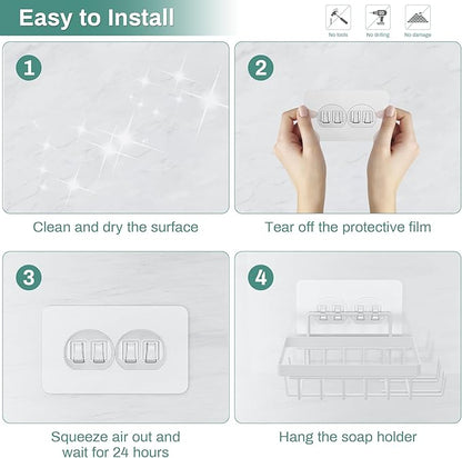 White Soap Dish for Shower Wall, Adhesive Self Draining Shower Bar Soap Holder Container Caddy Saver with 2 Hooks for Razor Loofah, Shampoo Sponge Tray Case Box for Bathroom Kitchen Sink