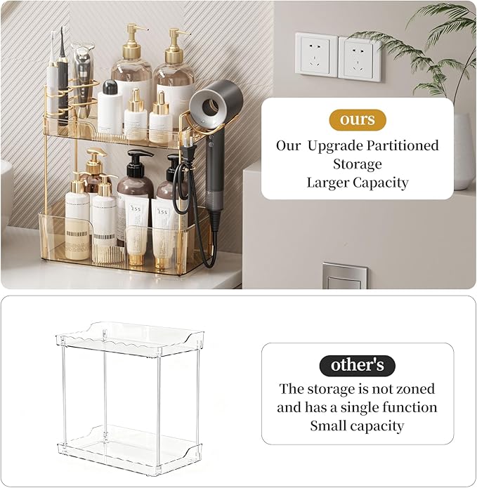 Bathroom Counter Organizer for Vanity, Makeup Organizer Countertop with Holder, Large Capacity Storage Rack, Perfect Large Skincare, Hair Care, Perfume, Easy to Install (Gold, 2Tiers)