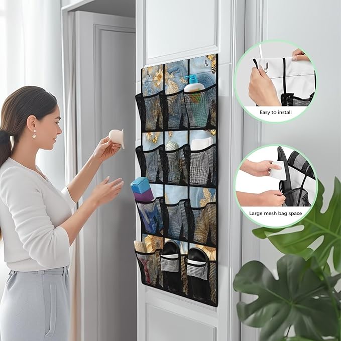 Marble Behind Door Organizer 12 Pockets Blue Over The Door Organizer for School Sunflower Multi-Pocket Organizer Easy to Install Multi-Funtion Storage Bag for Dorm