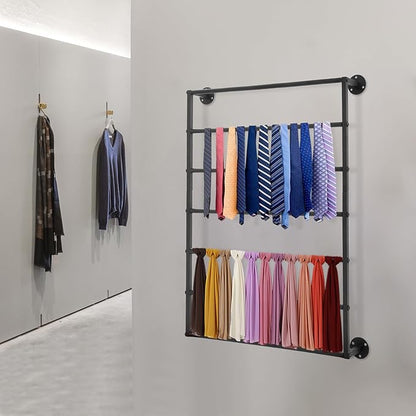 Wall Mounted Display Rack, 7-Tier Wall Mounted Scarf Rack, Black Towels Storage Rack, Wrapping Paper Ribbon Organizer, Metal Wall Display Rack for Bedroom, Retail Store, Flower Shop