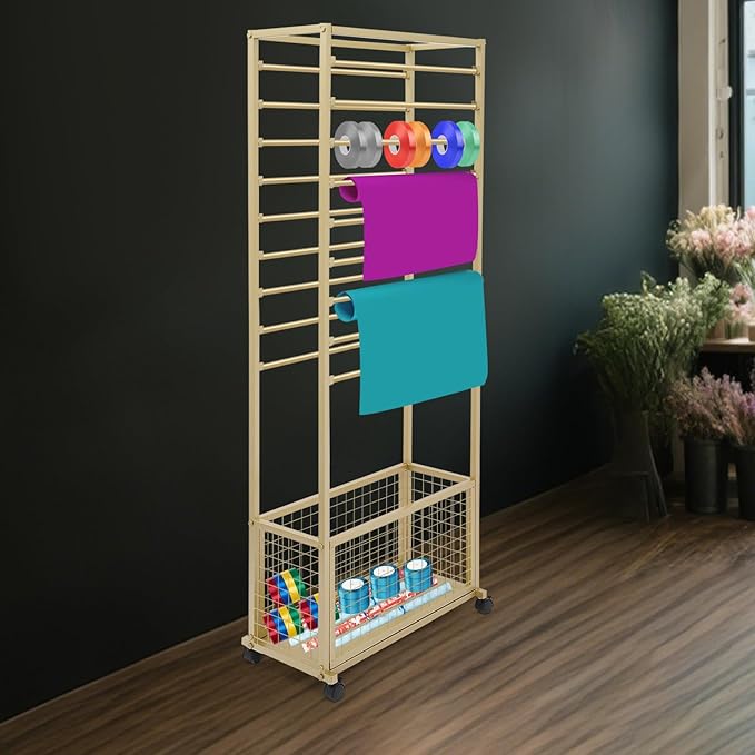 20-Tier Double-Sided Ribbon Holder Organizer Rack with Storage Basket & Wheels, Multifunctional Flower Wrapping Paper Display Stand for Craft Rooms, Flower Shops (Gold, 26.38''W x 12.6''D x 59.06''H)