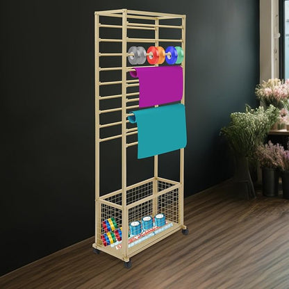 20-Tier Double-Sided Ribbon Holder Organizer Rack with Storage Basket & Wheels, Multifunctional Flower Wrapping Paper Display Stand for Craft Rooms, Flower Shops (Gold, 26.38''W x 12.6''D x 59.06''H)