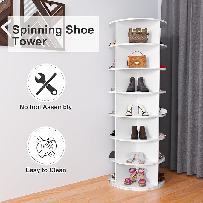 Runboll 7-Tier Rotating Shoe Rack Tower Spinning Shoe Display Lazy Susan Tower, 360 Revolving Shoe Storage Organizer Rack for Living Room Entryway Doorway