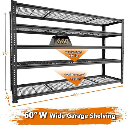 Storage Shelves Heavy Duty, 3 PCS 60" L x 24" W x 78" H Garage Wire Shelving Unit Loads 3300LBS, 5-tier Adjustable Metal Industrial Utility Shelf Rack for Kitchen, Laundry Room, Warehouse, Basement