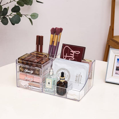 Cq acrylic 1 Pack Clear Make Up Organizer Countertop,Stackable 3 Drawers Makeup Storage,Cute Vanity Organizers for Dresser Hair Clip,Jewelry,Beauty Product Desk and Bathroom Organizers and Storage