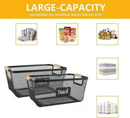 Snack Organizer for Pantry Shelf, 2 Pack Metal Mesh Snack Basket Storage with Wooden Handles, Snack Bin for Snack Bar Station, Kitchen Cabinet Pantry Organizers and Storage