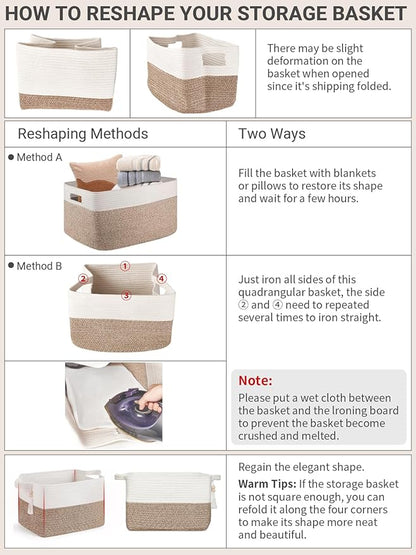 Mkono Woven Storage Basket, Cube Cotton Rope Basket for Shelves, Clothes, Toys, Towels, Books, Rectangle Bin with Handles for Organizing, Decorative Gift, 13'' x 10'' x 9'', Brown and White (1 Pack)