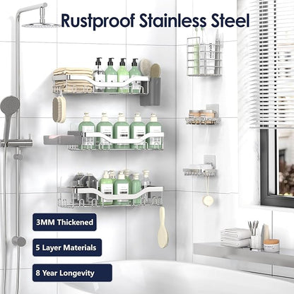 NESOMI Shower Caddy Adhesive Shower Organizer 8-Pack, Rustproof Stainless Steel Bathroom Shelves, Large Capacity No-Drill Rack Storage Accessories with Soap Dish Toothbrush Holder Hooks