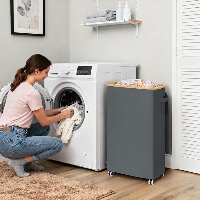 Goodpick Slim Laundry Basket with Wheels and Lid, 75L Rolling Dirty Clothes Hamper for Dorm Bathroom, Large Laundry Hamper with Bamboo Frame Removable Bag, 17" x 9.8" x 29.5", Gray