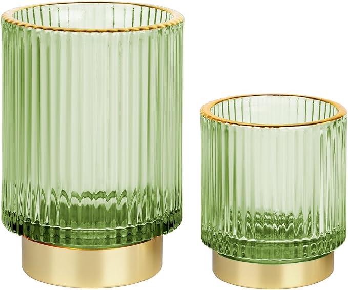 Makeup Brush holder Organizer, Crystal Glass Toothbrush Holders, Striped Make Up Brush Holder for Vanity, Pen Holder for Desk, Vase -Green (S+L)