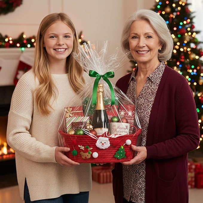 ShellKingdom Storage Basket with Handles, Empty Gift Basket with Gift Bags and Ribbon for Christmas, Small Woven Baskets for Home, Nursery Storage Organizer, 12 X 8 X 5 INCH, Christmas Red