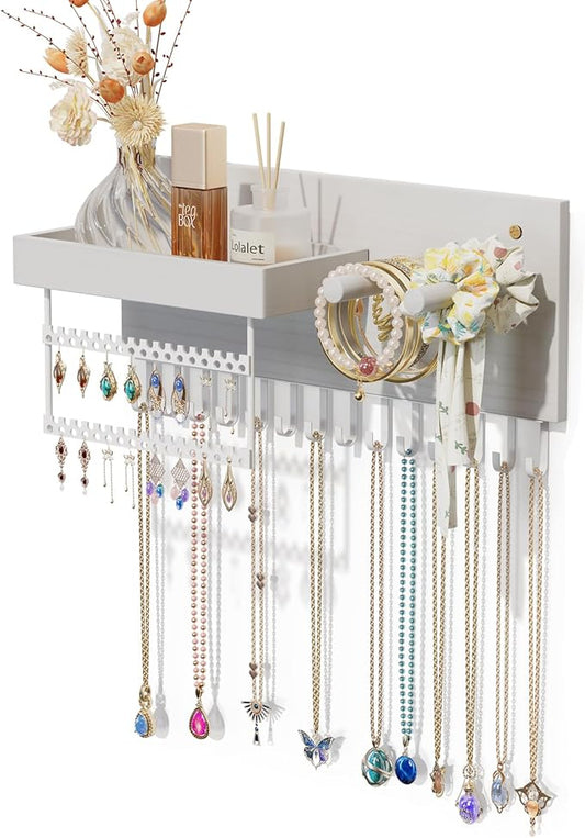 Lolalet Wall Mounted Hanging Jewelry Organizer, 15 Hooks Wooden Necklaces Holder with Storage Shelf, Easy Install Earrings Bracelets Hanger -White