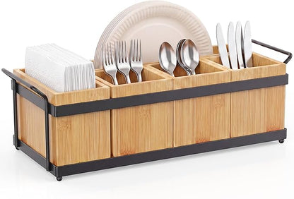 Silverware Holder for Party, Utensil Caddy with 5 Removable Bins, Bamboo Holder for Organize Plastic Silverware, 7" to 10" Paper Plates, Napkins