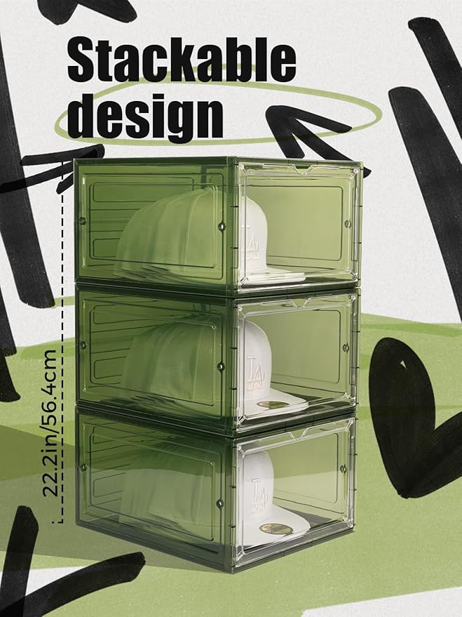 SCAVATA 6 Pack Hat Organizer Box, Stackable Clear Baseball Caps Holder Box Containers with Magnetic Door for Hats Snapback Cap Storag, Hat Rack Display Case, Holds 8 Hats Each (Green)