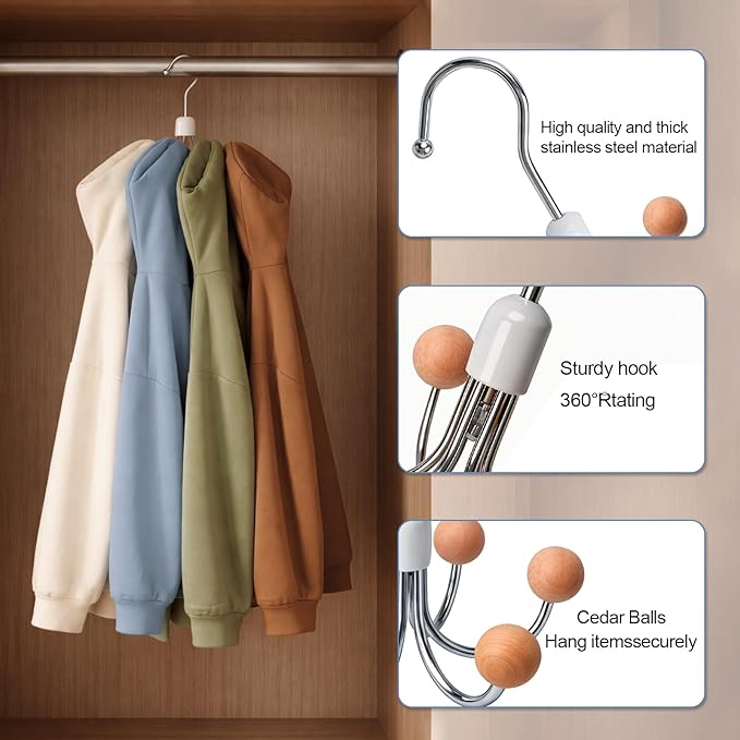 6-Pack 360° Swivel Hoodie & Purse Organizer with Cedar Balls, Multi-Purpose Closet Storage Hanger for Hoodies, Bags, Scarves, Hats, Space Saving, Anti-Slip, Ideal for Dorm, Apartment & Travel