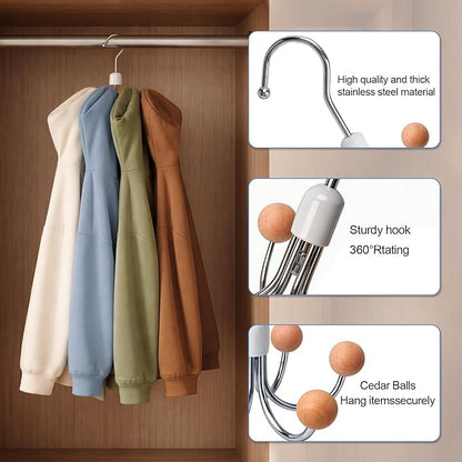 6-Pack 360° Swivel Hoodie & Purse Organizer with Cedar Balls, Multi-Purpose Closet Storage Hanger for Hoodies, Bags, Scarves, Hats, Space Saving, Anti-Slip, Ideal for Dorm, Apartment & Travel