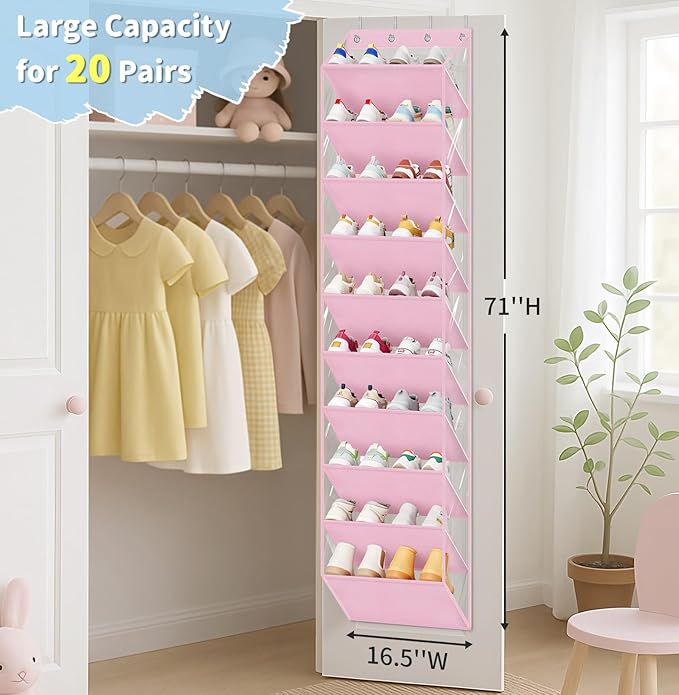 AOODA 10 Tier Clear Over the Door Shoe Organizer Storage, Deep Pockets Large Hanging Shoe Rack for Closet Door, Fit 20 Pairs Shoe Holder Hanger for Sneakers, Boots (Pink)
