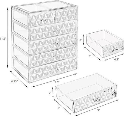 Sorbus Acrylic Makeup Organizer Set, 6-Drawer Vanity & Countertop Cosmetic Storage with Small & Wide Drawers, Diamond Makeup Storage for Brushes, Lipsticks, Jewelry – Holiday Gift for Women & Teens