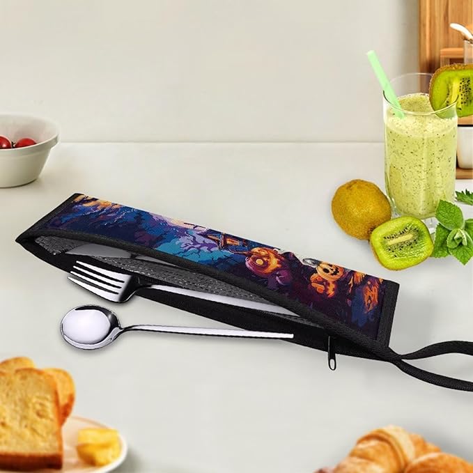 COEQINE Halloween Ghost Themes Portable Utensil Caddy Case with Keychain Small Foldable Pouch Knife Fork Spoon Organizer Holder for Picnic Outdoor