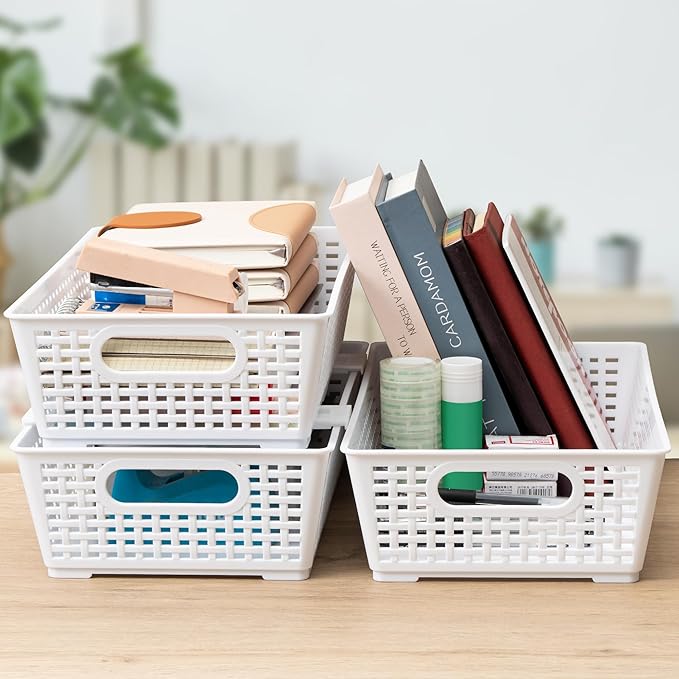 Tiawudi Stackable Woven Plastic Basket, Storage Bins for Cabinet, Closet, Shelf, Under Sink and Countertop, Pantry Organizer Bins, 6 Pack
