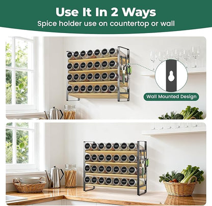 EsLuker.ly Spice Seasoning Rack Organizer Kitchen Countertop, 4 Tier Bamboo Spice Shelf Holder Storage with 4 Hooks, Wall Mounted Freestanding Stand for Pantry, Quick Spice Access(Jars Not Included)