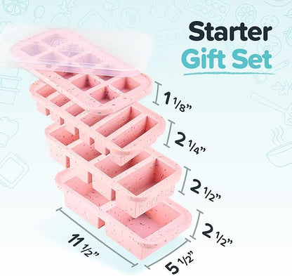 Souper Cubes Silicone Freezer Molds Gift Set with 2 Tbsp, 1/2, 1, and 2 Cup Silicone Freezer Trays With Lids - Meal Prep and Kitchen Essentials Bundle - Cotton Candy