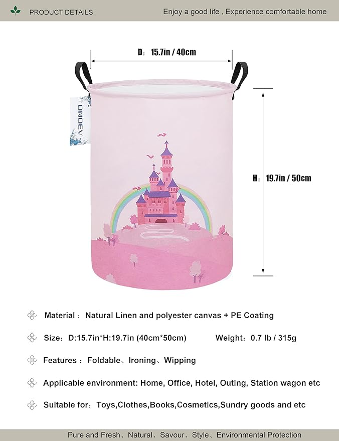 Laundry Hamper, Round Waterproof Storage Basket with Handle, Foldable, Pink Castle, 19.7in(H) x 15.7in(D), for Children's Room and Toy Storage