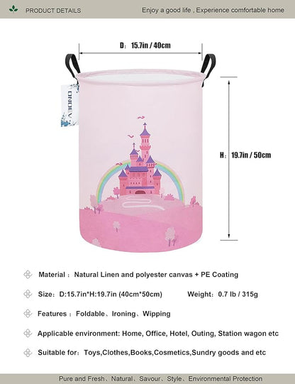 Laundry Hamper, Round Waterproof Storage Basket with Handle, Foldable, Pink Castle, 19.7in(H) x 15.7in(D), for Children's Room and Toy Storage