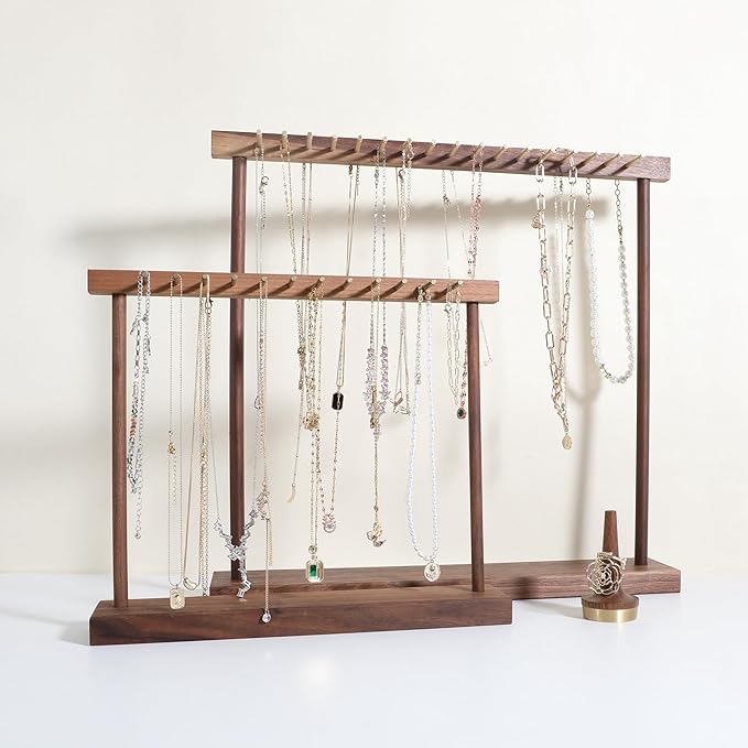Medium necklace hanger shelf with 12 copper bars, Wooden jewelry storage organizer rack for hanger necklace bracelet, necklace display stand for boutique store【Walnut】