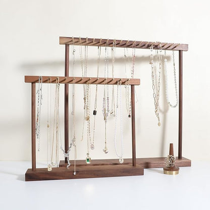Medium necklace hanger shelf with 12 copper bars, Wooden jewelry storage organizer rack for hanger necklace bracelet, necklace display stand for boutique store【Walnut】
