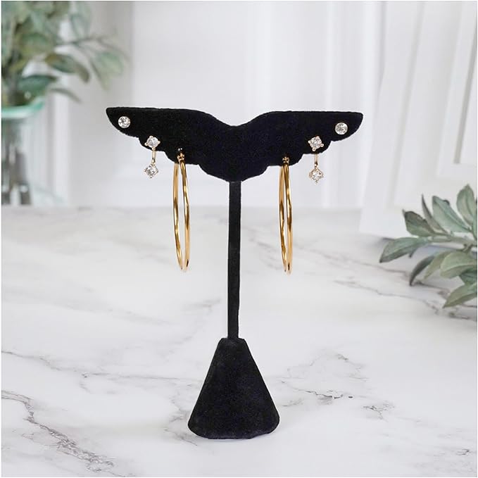 Plymor Black Velvet Wing Shaped, Three Pair Earring Display Stand, 3" W x 1.25" D x 4.75" H (Pack of 2)