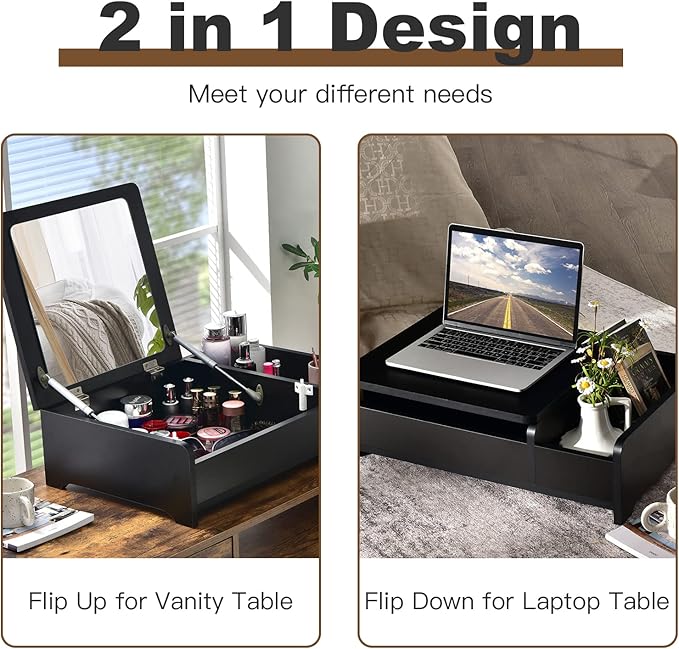 CHARMAID Countertop Vanity with Flip Top Mirror, 24inch Tabletop Laptop Desk with 2 Compartments Organizer, Modern Bedroom Makeup Dressing Vanity Mirror Cosmetic Storage Box Desktop (Black)
