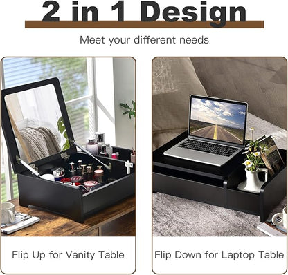 CHARMAID Countertop Vanity with Flip Top Mirror, 24inch Tabletop Laptop Desk with 2 Compartments Organizer, Modern Bedroom Makeup Dressing Vanity Mirror Cosmetic Storage Box Desktop (Black)