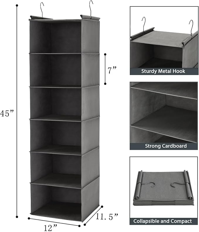 MAX Houser 6 Tier Shelf Hanging Closet Organizer, Closet Hanging Shelf with 2 Sturdy Hooks for Storage,2 Pack, Foldable (Grey)