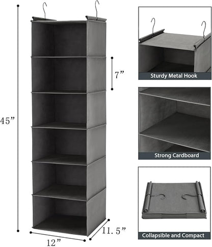 MAX Houser 6 Tier Shelf Hanging Closet Organizer, Closet Hanging Shelf with 2 Sturdy Hooks for Storage,2 Pack, Foldable (Grey)