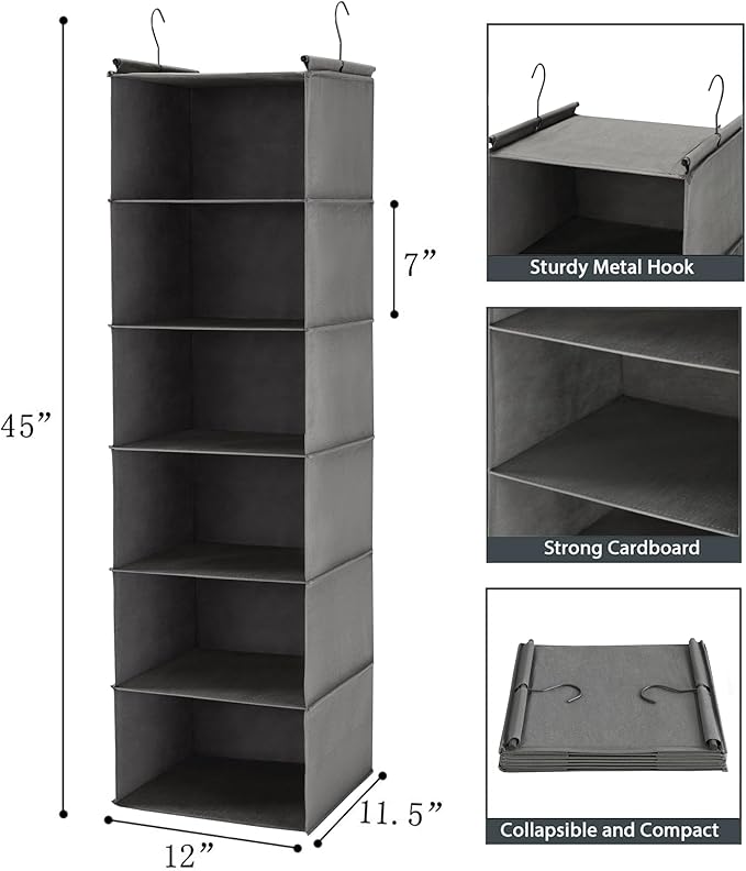 MAX Houser 6 Tier Shelf Hanging Closet Organizer, Closet Hanging Shelf with 2 Sturdy Hooks for Storage, Foldable (Grey)