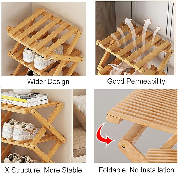 YYW Shoe Rack, Foldable Bamboo Shoes Shelf, Freestanding Shoe Storage Organiser for Entryway, Hallway, Bedroom, Closet (Wood Color, 6 Layers)