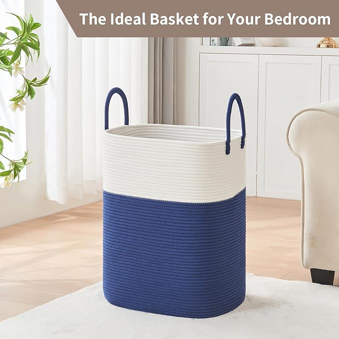 AINUOQI Laundry Basket with Handles - Blanket Basket & Hampers for Bedroom Aesthetic, Laundry Hamper & Blanket Storage for Living Room, Clothes Hamper, Tall, Large 17" x 14" x 23”, White & Dark Blue