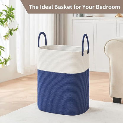 AINUOQI Laundry Basket with Handles - Blanket Basket & Hampers for Bedroom Aesthetic, Laundry Hamper & Blanket Storage for Living Room, Clothes Hamper, Tall, Large 17" x 14" x 23”, White & Dark Blue