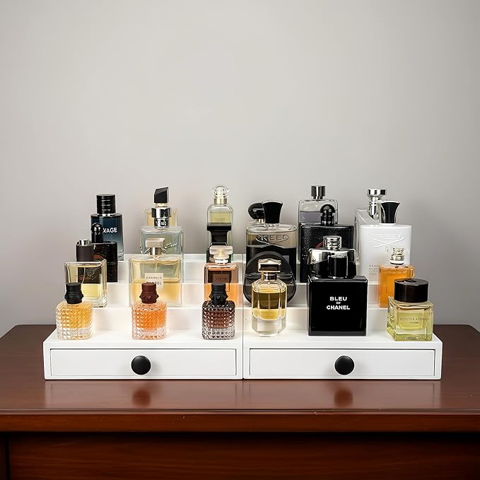 Wooden Cologne Organizer for Men 4 Tier | White Perfume Holder Shelf for Dresser | High Grade Velvet Lining and Stylish Gift Box | Uncluttered Design Perfume Display Stand