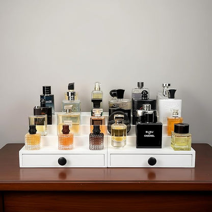 Wooden Cologne Organizer for Men 4 Tier | White Perfume Holder Shelf for Dresser | High Grade Velvet Lining and Stylish Gift Box | Uncluttered Design Perfume Display Stand