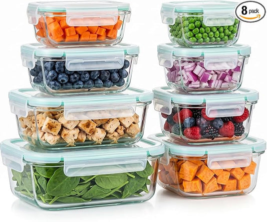 8 Pack Glass Meal Prep Containers with Lids, Glass Food Storage Containers with Airtight Vent Hole Lids, Lunch Containers Sets with lids Glass, Microwave Oven Freezer Dishwasher Safe
