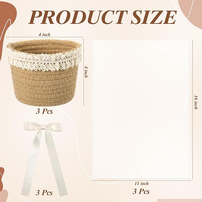 3 Pcs Small Woven Basket, Empty Gifts Basket with Gift Bags and Ribbons, 4x4x4 Inch Boho Organizer Box for Baby Shower, Birthday, Bridal Shower, Wedding, Present, Pen Pencil Makeup Brush Holder