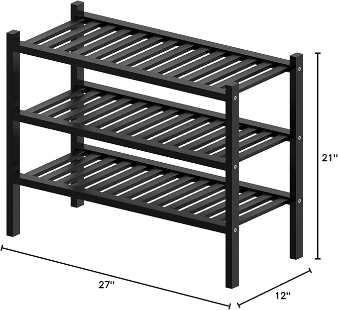 ROMGUAR CRAFT 3 Tier (Thick) Bamboo Shoe Rack for Entryway, Small Wood Shoe Shelf Storage Organizer for Closet, Shoe Stand for Hallway, Stackable and Sturdy 27"x12"x21" Black