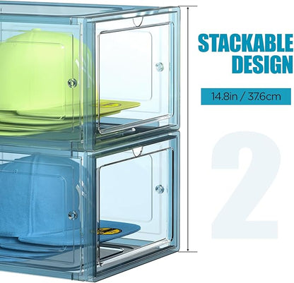SCAVATA Hat Organizer Box, Stackable Clear Baseball Caps Holder Box Containers with Magnetic Door for Hats Snapback Cap Storag, Hat Rack Display Case, Holds 8 Hats Each (Blue, 2 Pack)