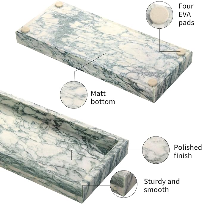Marble Bathroom Vanity Tray, Natural Luxury Vanity Home Kitchen Bathroom Table Tray, Stone Decorative Countertop Dresser Trays for Key Coffee Perfume Jewelry Makeup (Green Texture, 12"x 5" x1.2")