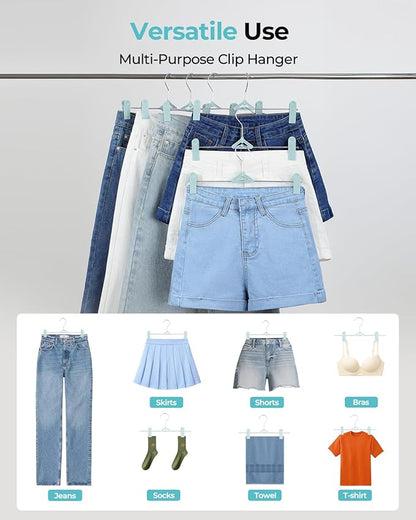 Pants Hangers with Clips 30 Pack, Stackable Space-Saving Skirt Hangers with Adjustable Non-Slip Clips, 360° Swivel Hook, Closet Organizer for Pants, Shorts, Jeans, Blue